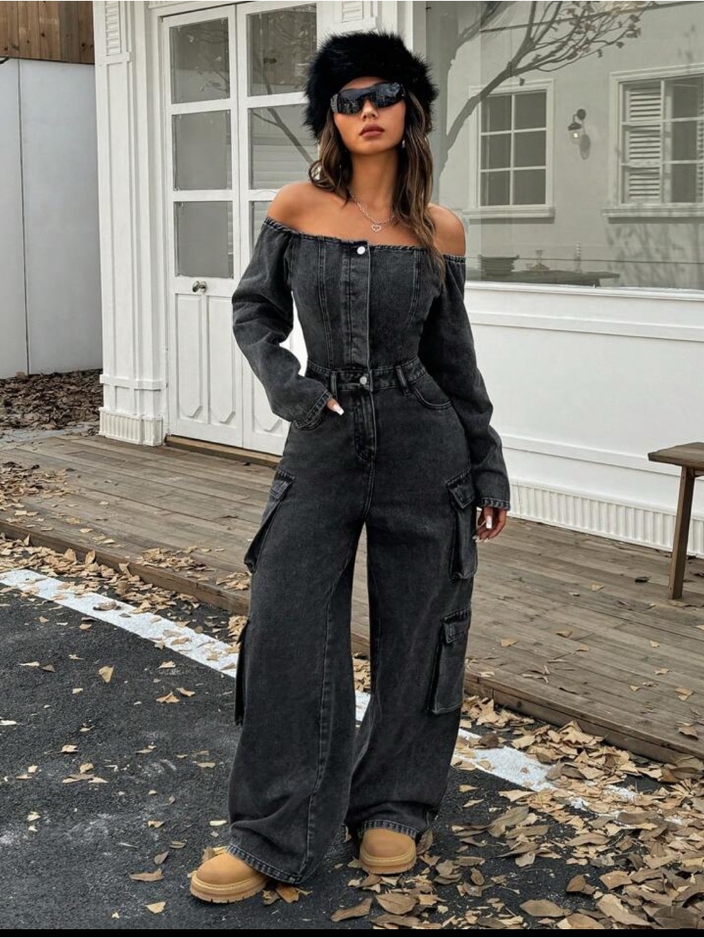 SHEIN Black Off-Shoulder Wide Leg Cargo Jumpsuit Small